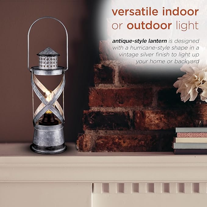Alpine Corporation 15" H Indoor/Outdoor Vintage Metal Lantern with LED Lights, Silver
