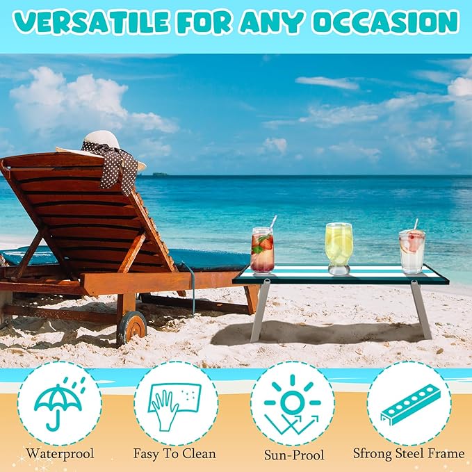 CroBlissful Beach Table Folding Camping Portable Table Striped White Aluminum Side with Carry Bag for Camping Picnics and Outdoor Activities(16x11x5 in,Cyan Green)