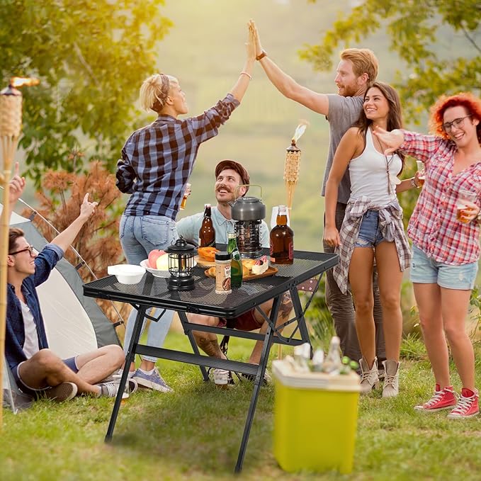 REDCAMP Folding Grill Table for Outside, Portable Metal Aluminum Outdoor Grill Table with Adjustable Height Pull-Out Square Tube Legs, Great for Camping Picnic Cooking BBQ, 36" L x 24" W