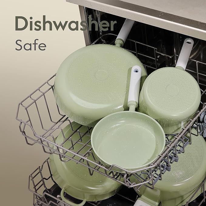 CAROTE Ceramic Cookware Set Nonstick, 9pcs Pots and Pans Set Non stick, Non-Toxic & PFAS-Free,Dishwasher, RV/Camping Cookware Set,Sauce Pan with Lid, Green