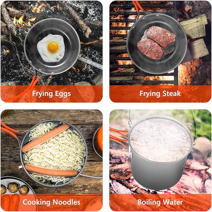 Camping Cookware Set, Portable Camping Mess Kit with Non-Stick Pots, Pans Set and Folding Fork, Lightweight Backpacking cookware Cooking Set for Outdoor/Camping/Hiking/Picnic