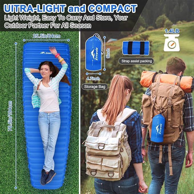 Camping Sleeping Pad, Ultralight Waterproof Inflatable Sleeping Mat with Inflation Bag, Lightweight Portable Compact Air Mattress for Outdoor Backpacking Hiking Traveling Tent Use (Single, Blue)