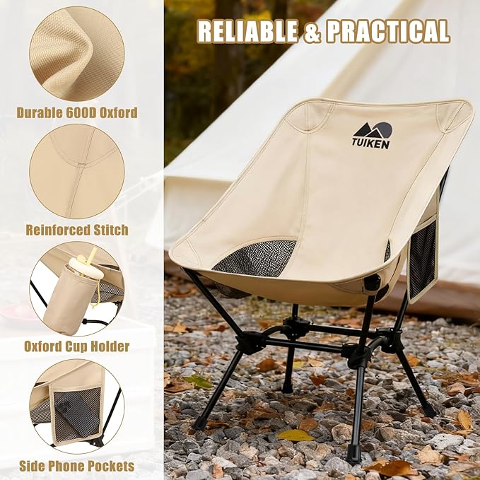 Ultralight Camping Chair Backpacking Chair, Portable Camp Chair with Cup Holder & Storage Bag, Lightweight Compact Folding Chair for Hiking, Travel, Picnic Mountaineering (Light Brown)