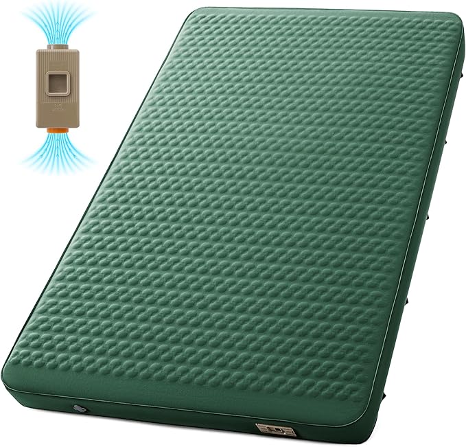 Self Inflating Double Sleeping Pad for Camping with Electric Pump 4 Inch Ultra Thick Memory Foam 2 Person Inflatable Sleeping Pad All Season Full Size Portable Camping Mattress for Travel,Tent (Green)
