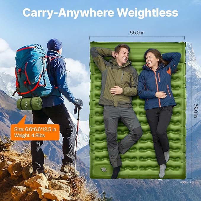 OGERY Double Sleeping Pad, Ultralight Inflating Inflatable Sleeping Pad for Camping with Pillow Built-in Foot Pump, 6" Extra-Thick Reinforced Camping Pad for Hiking, Backpacking, Tent, Single,Green