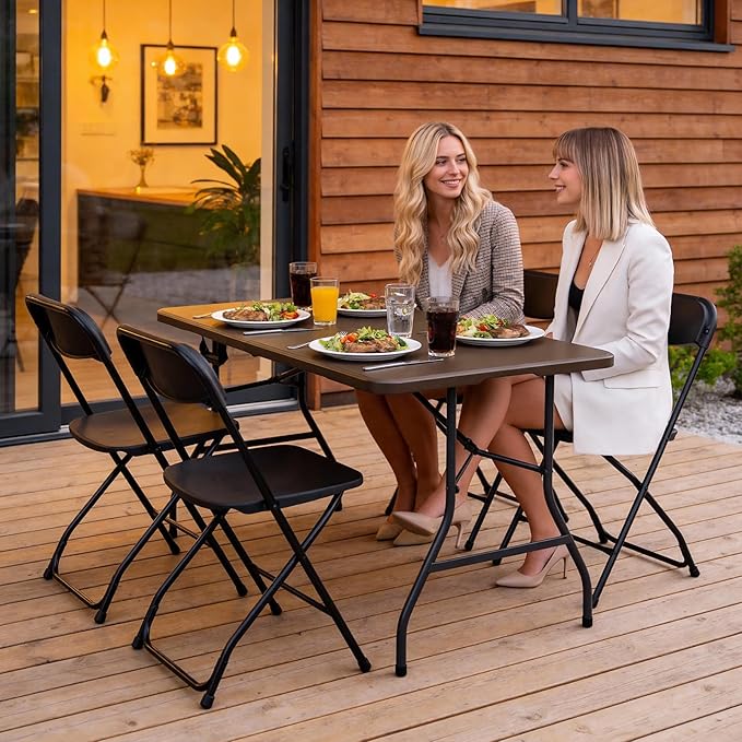 Folding Table, 5FT Foldable Picnic Table with Carrying Handle, Heavy Duty Fold-in-Half Portable Table for Weddings, Camping, RV Travel, Parties, BBQs, and Indoor Use, Easy to Fold and Store, Brown
