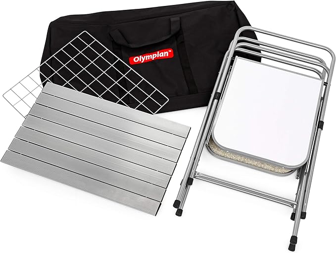 Camco Olympian Deluxe Portable Grill Table - Provides Plenty of Room for Grilling Gear While Camping - Folding Grilling Table Collapses for Compact Storage - Supports Up to 100lb (57293)