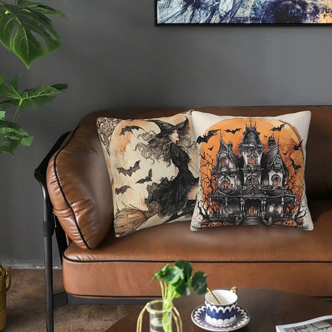 Witch Ancient Castle Throw Pillow Covers 18x18 inch Set of 2 Halloween Pillow Case Cushion Cover for Home Sofa Couch Living Room Car Decor