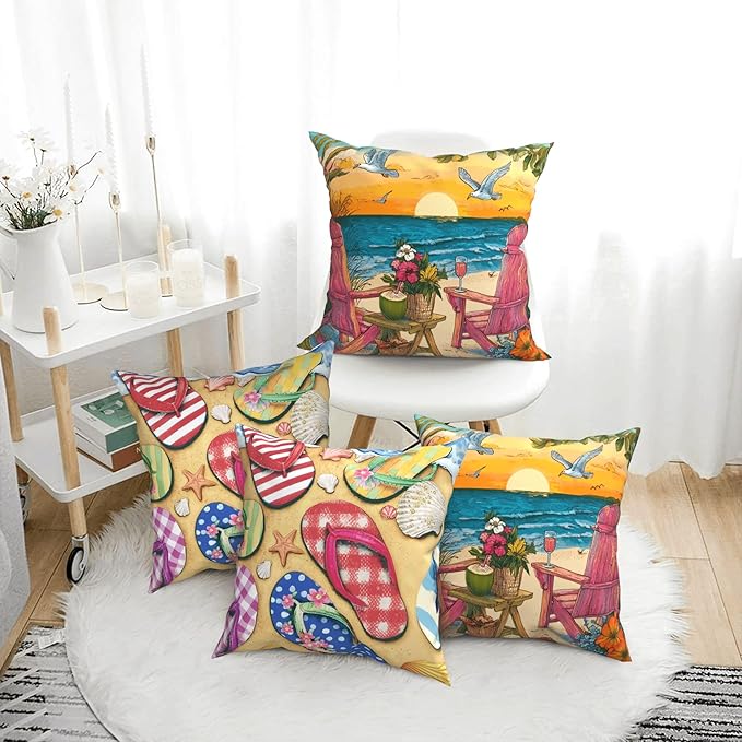 Summer Coastal Throw Pillow Covers 18 X 18 Inch Set of 4 Decorative Cushion Cover Home Decor for Sofa Chair Couch Bedroom Living Room