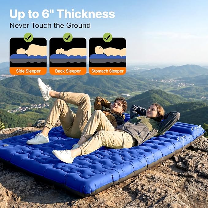 OGERY Double Sleeping Pad,Ultralight Inflating Sleeping Pad for Camping with Pillow Built-in Foot Pump, 6" Extra-Thick Reinforced Camping Pad for Hiking, Backpacking, Tent, Single,Blue