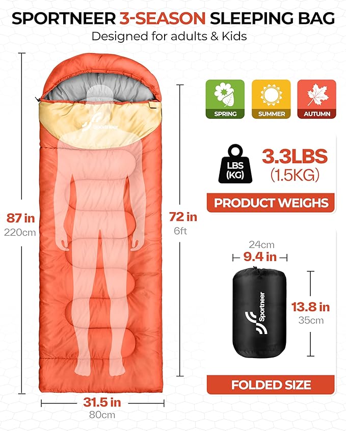 Sportneer Sleeping Bag for Adults & Kids, Cold Weather & Warm Waterproof Camping Sleeping Bag, Compact Portable for Camping Hiking & Travel