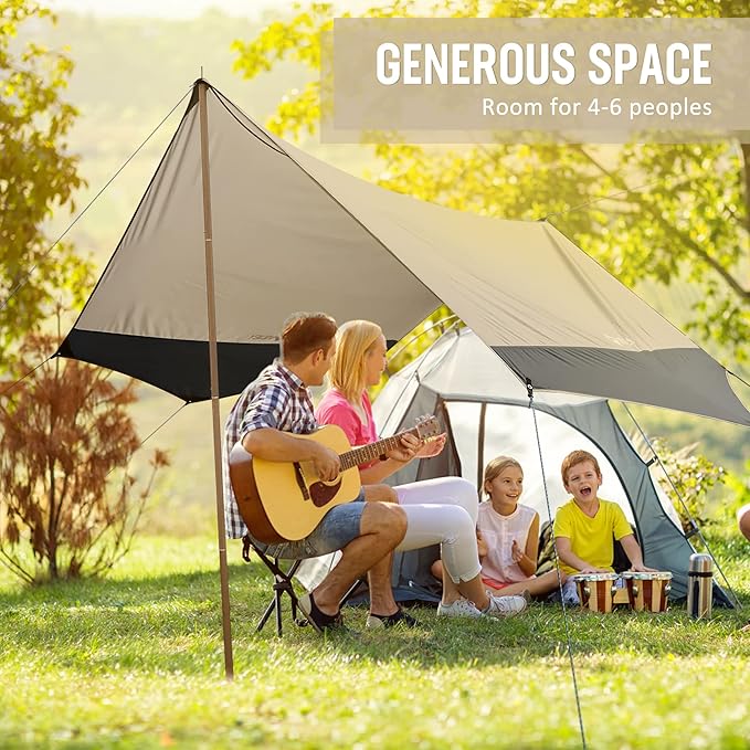 VILLEY Camping Tarps for Tents, Portable Waterproof Hammock Rain Fly, Easy Set Up Camping Shelter Sunshade Canopy for Outdoor Fishing, Backpacking, Hiking, Survival Gear- Heptagonal, Khaki