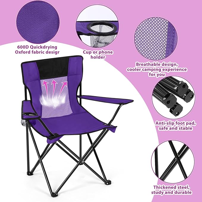 Shellwei 2 PCS Folding Camping Chair with Cupholder and Carry Bag Regular Size Colorful Breathable Portable Lightweight Lawn Chair with Side Pocket for Fishing Hiking Beach Outdoor Activity