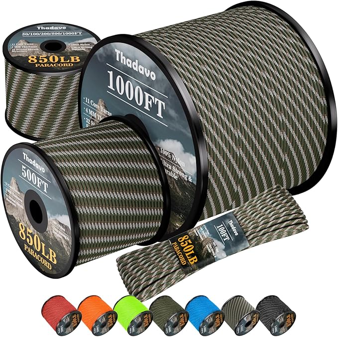 850Ib Reflective ParachuteRope, 50/100/200/500/1000ft 4MM 11 Strand Cords, Survival Paracord Rope Tie Down for Crafting, Tent, Camping, Clotheline, Hiking, Fishing, Camo Green 200FT