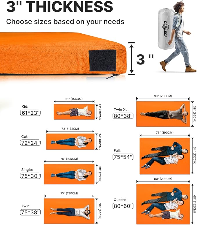 GAIALOOP 3 Inch Memory Foam Camping Mattress, Dual Layer Thick Sleeping Camp Pad for Car Tent Cot, Roll-Up Portable Glamping Floor Bed for Guests Sleepover