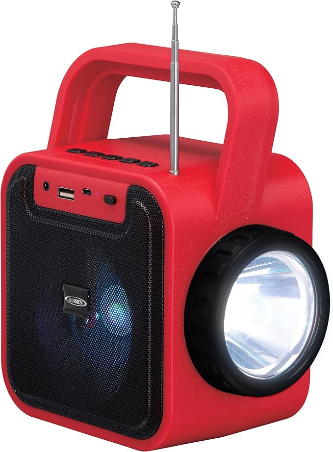 Jensen JEP-175 Portable Rechargeable Bluetooth Speaker with FM Radio, Flashlight, Solar Panel, and USB Port, Red, JEP-175