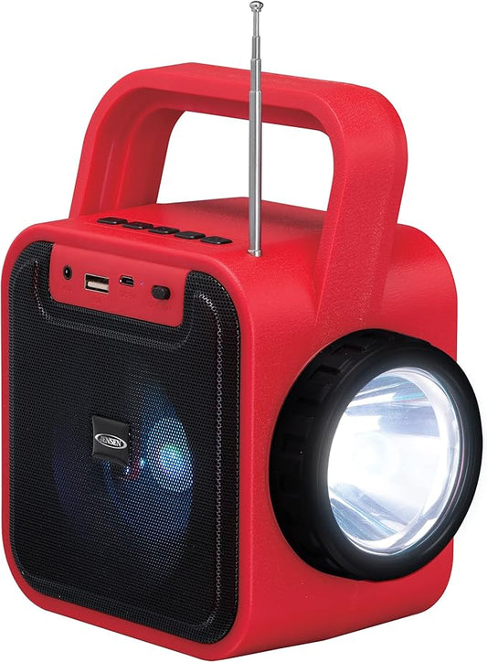 Jensen JEP-175 Portable Rechargeable Bluetooth Speaker with FM Radio, Flashlight, Solar Panel, and USB Port, Red, JEP-175