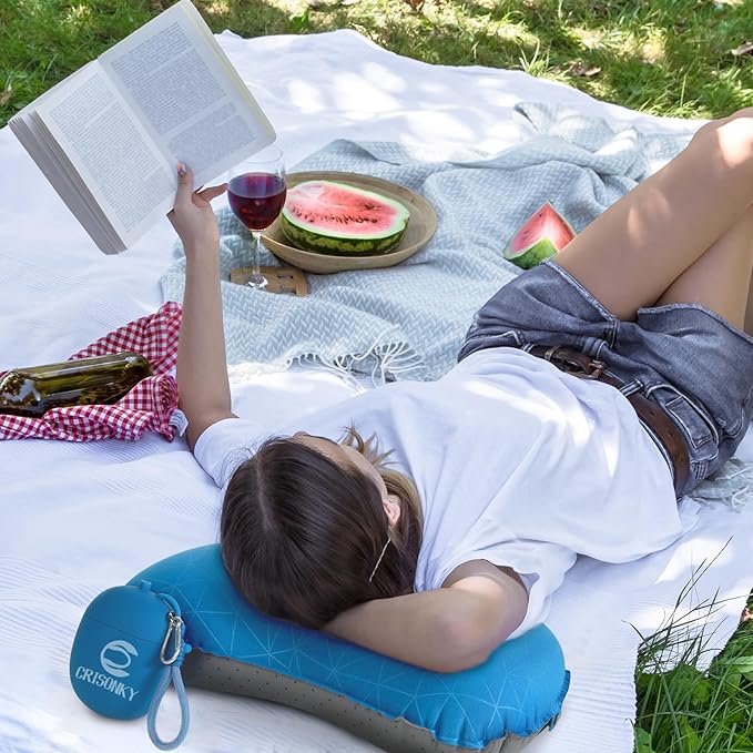 Crisonky Camping Inflatable Pillow with 2-in-1 Silicone Air Pump Storage Bag – Ultralight Travel Pillow for Airplane, Lumbar Support, Dual Valve Easy Inflate, Compressible Ergonomic (Navy Blue)