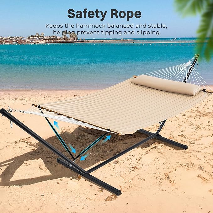 SUPERJARE Hammock with Stand, 2 Person Quilted Outdoor Hammock, Detachable Pillow & Bamboo Spreaders, Portable Hammock with Carrying Bag, Heavy Duty Stand, Perfect for Outside, Patio, Beige