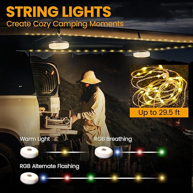 EverBrite Camping String Lights Rechargeable LED Camping Lamp, 29.5FT Outdoor Tent Lights 8 Lighting Modes, USB Charging RGB Modes Hanging Light for Awning Tent/Garden/Party/Christmas Festival Decor