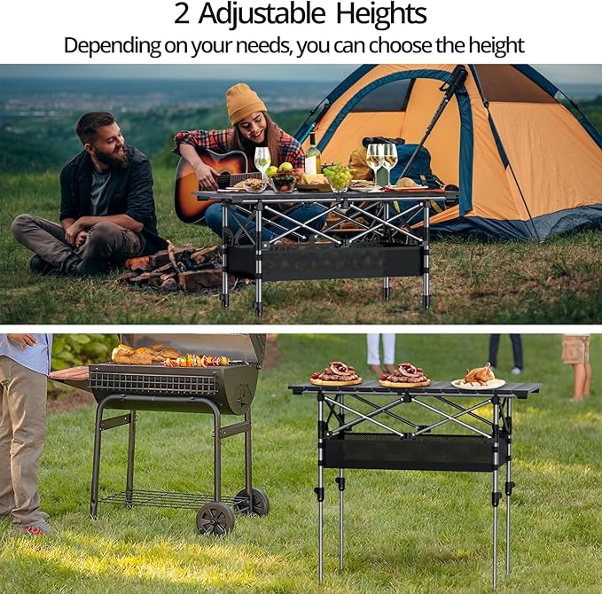 Anbte 3ft Aluminum Roll Top Camping Table, 2 Adjustable Height Camping Table Folding with Storage Net & Bag Lightweight Roll Up Table for Indoor Outdoor Backyard BBQ Patio Picnic, 32.2” X 16”, Black