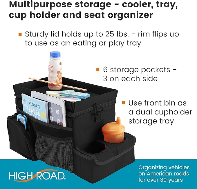 High Road CarHop Car Caddy Organizer with Road Trip Cooler, Car Cup Holder Bin, Sturdy Snack and Play Lid and 6 Organization and Storage Pockets