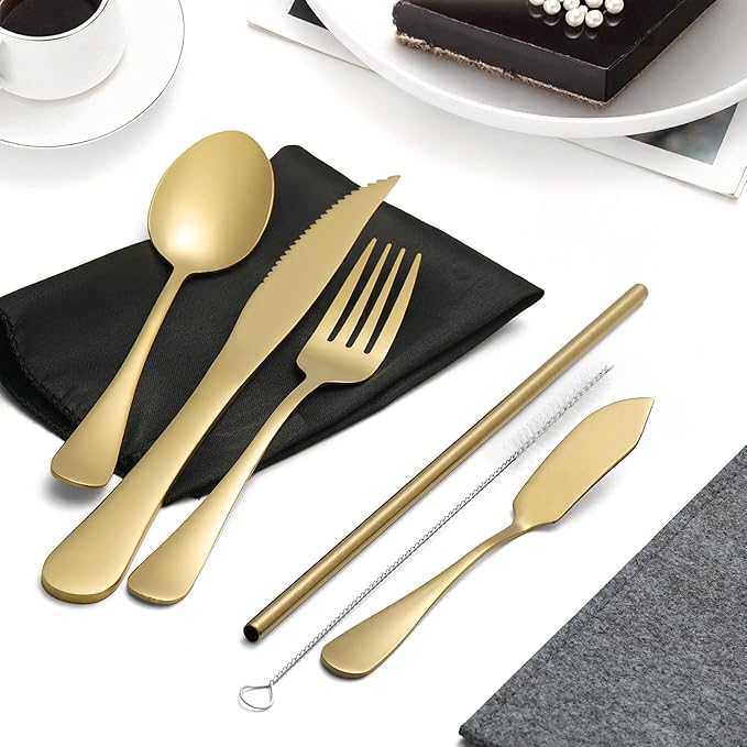 Travel Utensils with Case, Portable Silverware Set Stainless Steel Lunch Box Travel Cutlery Set for Work, Camping, Picnic, Hiking, Office (Gold)