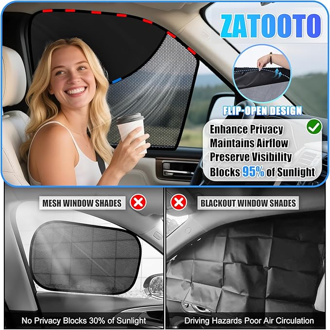 ZATOOTO Car Window Shades Upgraded Driver Side Window Shade with Blackout Layer Foldable Desgin Adjustable Half-Blackout & Mesh Design Just Snap by Magnet Universal for Most Cars