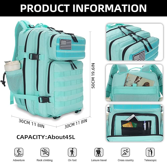Lovelinks21 45L Tactical Assault Backpack 3 day assault pack with Molle Waterproof backpack Rucksack for Tactical Backpacks (Mint Green)