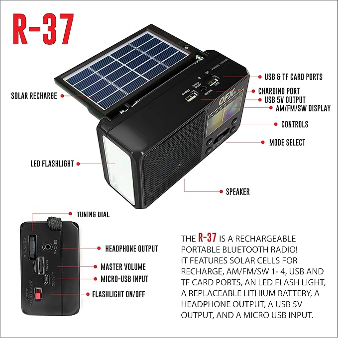 QFX R-37 6-Band (AM, FM, SW1 - SW4) Bluetooth LED Flashlight Solar Radio (2021 Model)