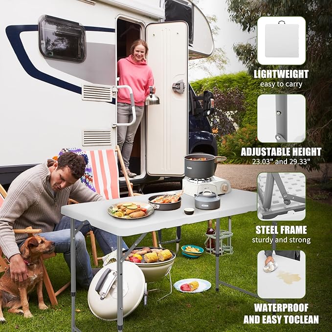 Folding Camping Table 4 Foot Adjustable Height 350lbs, 4FT Folding Picnic Card Table for Outdoor, Plastic Rectangular Dining Work Tables for Indoor, Heavy Duty Fold-in-Half Tray Tables