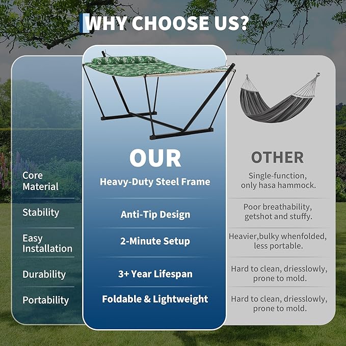 Heavy Duty 2 Person Double Hammock with Portable Adjustable Steel Stand, Outdoor Hammock with Pillow for Patio, Garden, Beach, Backyard Camping