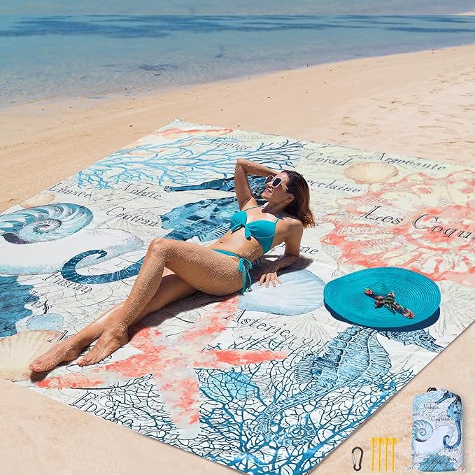AISPARKY Beach Blanket Waterproof Sandproof Extra Large, Oversized Beach Mat, Quick Drying&Compact&Lightweight, Picnic Blankets Vacation Essentials for Outdoor Beach Camping (79" X 83" (4 Person))