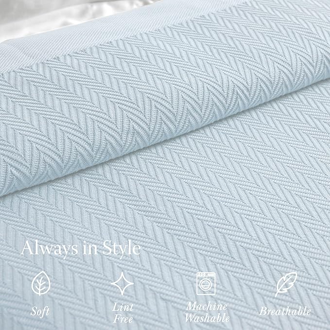 Threadmill Luxury Cotton Blankets for King Size Bed | All-Season Cozy 100% Cotton King Size Blanket | Herringbone Soft Fall Thermal Blanket fits Cal King Size Bed | Light Blue