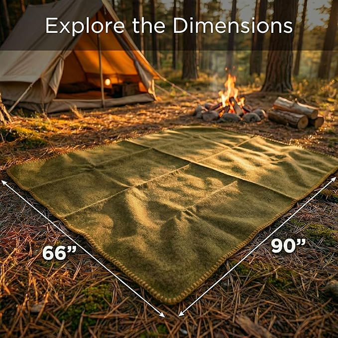 Wool Camping Blanket – 70% Wool Heavy-Duty Military Style Throw, Warm & Washable, Fire Retardant Cover for Emergency, Survival & Outdoor Use – Perfect for Camping, Car, Home & Hiking, Olive 66x90