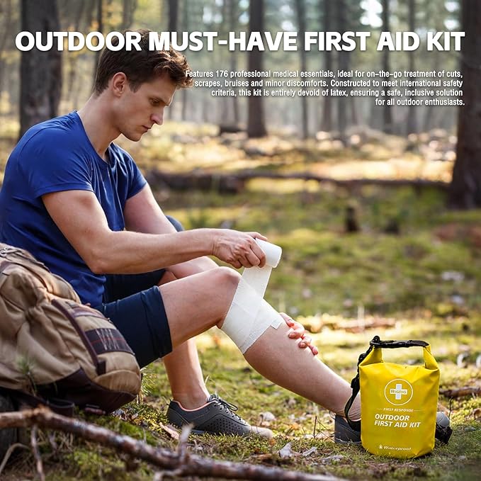 Waterproof First Aid Kit 186 Pcs Survival Gear, Portable Small Boat Dry Bag Bug Out Bags, Emergencies Medical Kit Ideal for Boating, Fishing, Hiking, Camping, Kayaking (Yellow)