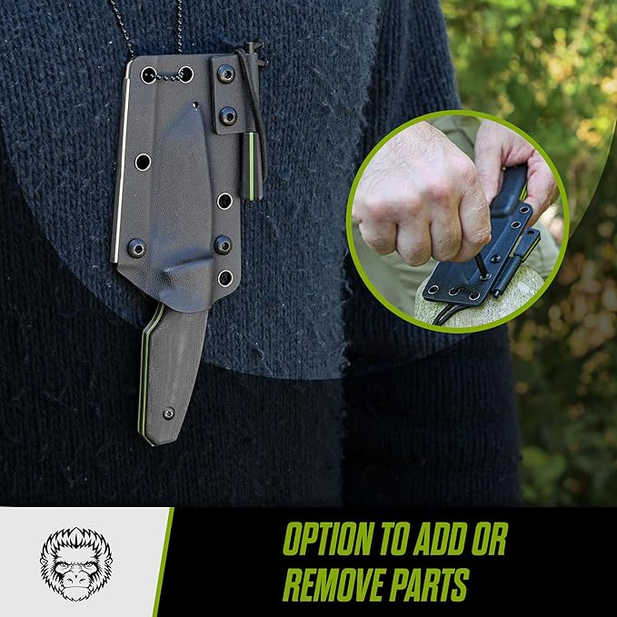 Holtzman's Gorilla Survival Tanto Fixed Blade Neck Knife with Kydex Sheath & Ferro Rod (Black+Green) - Ideal for Outdoor Activities and Everyday Carry