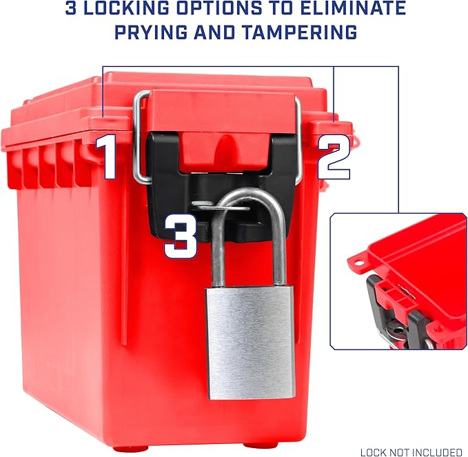 Sheffield 12636 Ammo Storage Box, Stackable .30 Cal Field Boxes, Water and Dust Resistant, Lockable Storage Box with Handle, Secures Hunting Gear, Supplies, and Bullets, Made in USA, Red, (Pack of 6)
