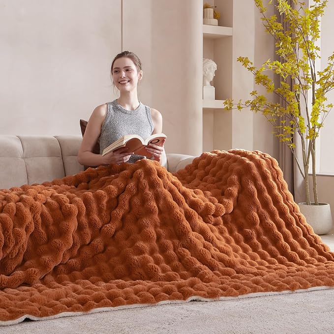 60x80 Inches Ultra-Soft Fuzzy Faux Fur Plush Twin Size Blanket - Thick, Warm Sherpa for Couch, Sofa, Bedroom, Camping - Decorative Blanket for Cozy Warmth, Bubble Rust