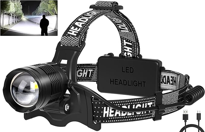 azamine LED Headlamp Rechargeable, 99000 Lumens Bright Head Lamp Βattery Include, 90° Adjustable Head Lights for Forehead with 3 Modes, Long Runtime & Waterproof Headlamps for Adults Camping Hiking