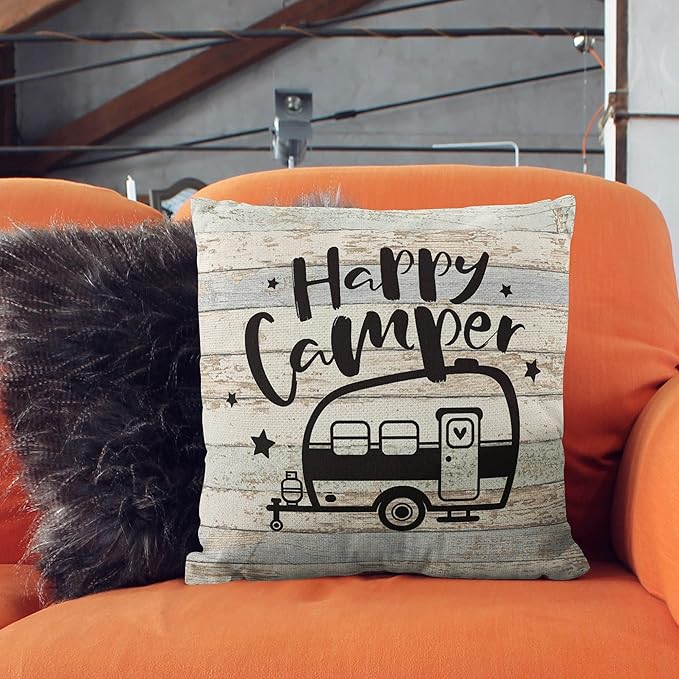 Happy Camper Pillow Covers - Two-Sided Printing Linen Pillow Cover 18x18, Camper Decorations for Inside, RV Gifts