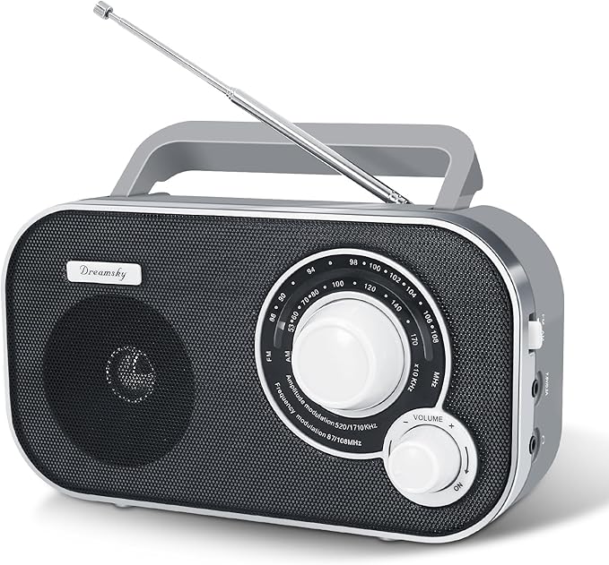DreamSky AM FM Portable Radio Plug In Wall or Battery Operated for Home & Outdoor, Strong Reception & Sound, Large Dial Easy to Use, Transistor Antenna, Headphone Jack, Small Gifts for Seniors Elderly