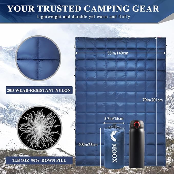 MOOX Down Camping Blanket - Packable Down Camping Quilt Backpacking Lightweight Waterproof Outdoor Hiking Stadium Warm Puffy Sleeping Bag 55"x79" Water Resistant Camp Travel Blanket, Blue Gray