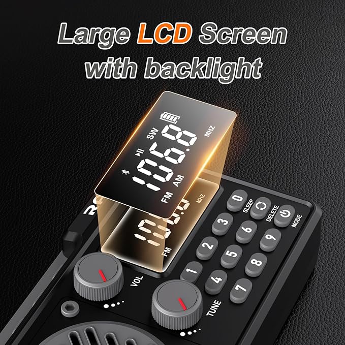 Portable Radio AM FM 1500mAh Rechargeable with Best Reception, Transistor shortwave Radio Wireless Bluetooth Speaker, with Large LCD Screen, Support TF Card U Disk, Earphone, Sleep Timer (Black)