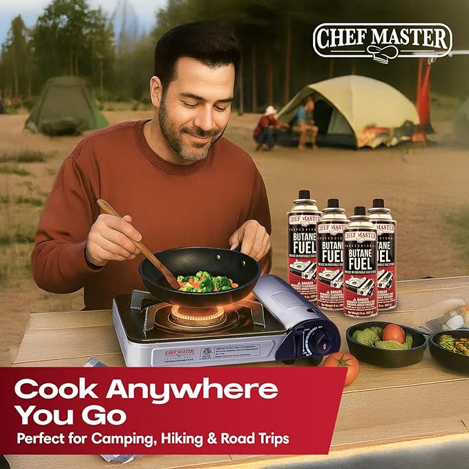 Chef-Master 90011 Butane Countertop Stove, 10 000 BTU Portable with Carry Case, High Performance, Piezo Ignition, Brass Burner, Safety Stop