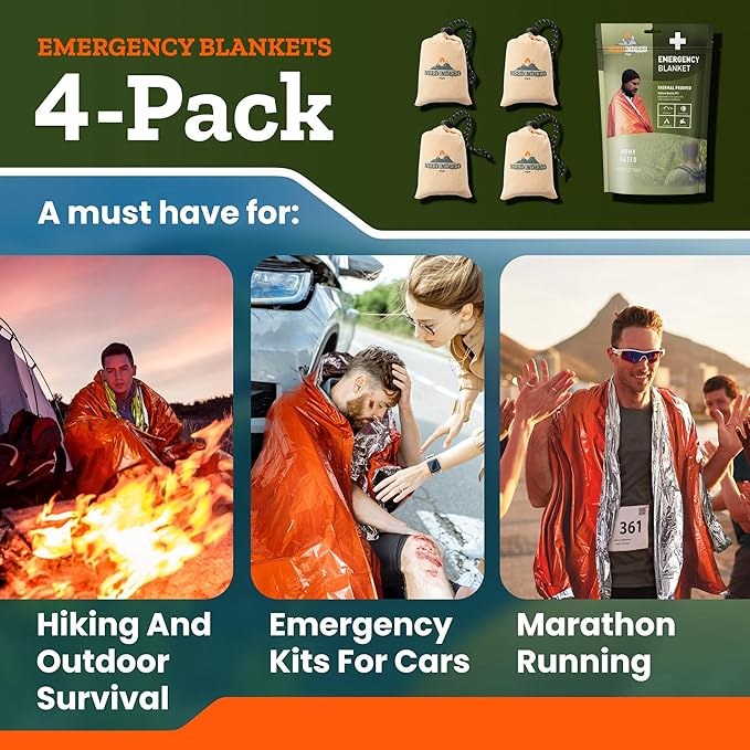 4-Pack Emergency Space Blankets, 83x52 inches, Silver, Polyester, High Thermal Performance, Water Resistant, Compact, Unisex, All Seasons, Survival, Car, Reflective Material, Lightweight