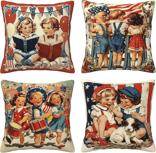 4th of July Patriotic Vintage Throw Pillow Covers 18 X 18 Inch Set of 4 Decorative Cushion Cover Home Decor for Sofa Chair Couch Bedroom Living Room