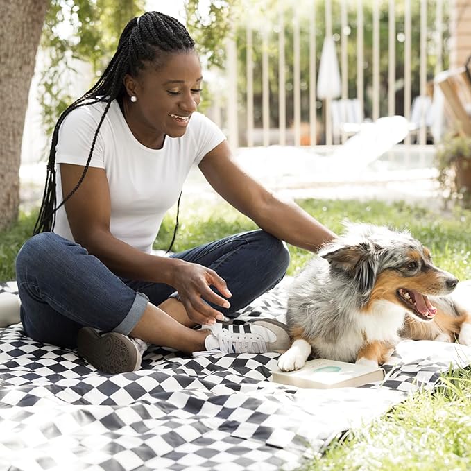 Tiny Twinkle Waterproof Picnic Blanket | 5'x7' 100% Recycled Polyester, Sandproof, Foldable & Portable for Beach, Camping, Travel（Black Checkers）