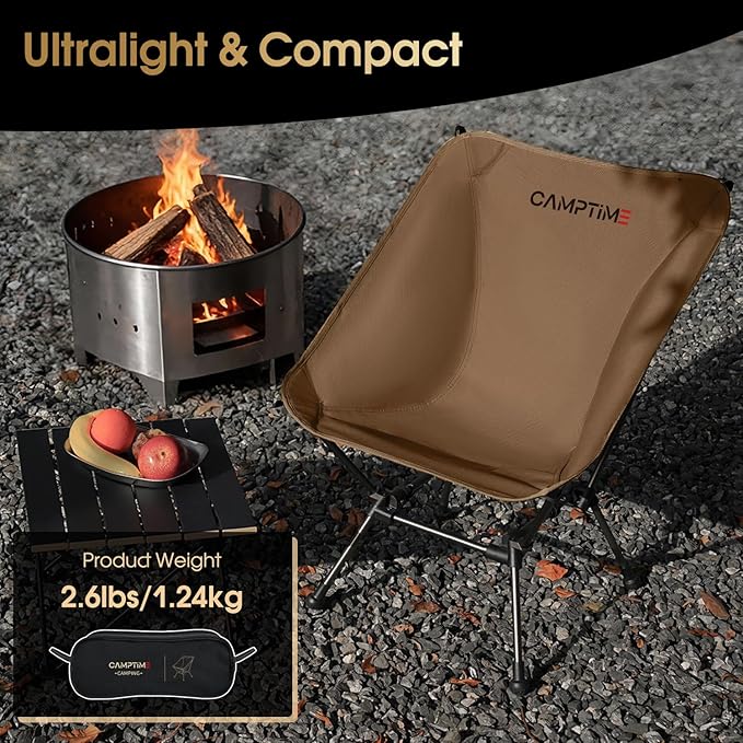 Camptime Portable Camping Chair Plus, Larger & Roomier, Compact and Lightweight, Folding Chair for Backpacking & Hiking, 330Lbs Capacity, Khaki
