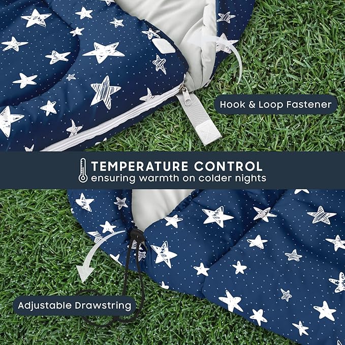 Wake In Cloud - Star Kids Sleeping Bag for Boys Girls Toddlers, Camping in Warm Cold Weather, Backpacking Lightweight Compact Outdoor Liner for 3 Seasons Summer Spring Fall